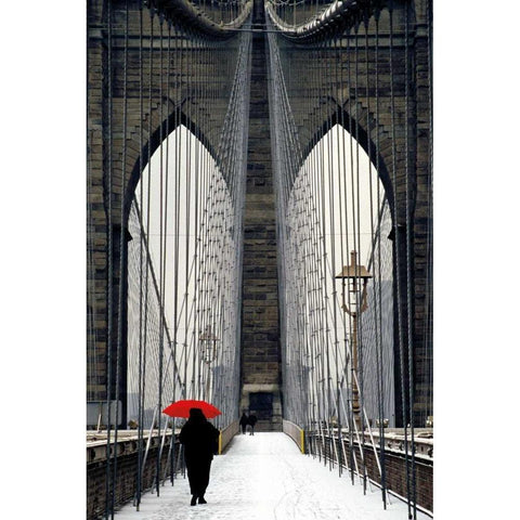 Brooklyn Bridge Meets Red Black Modern Wood Framed Art Print with Double Matting by Cahill, Michael