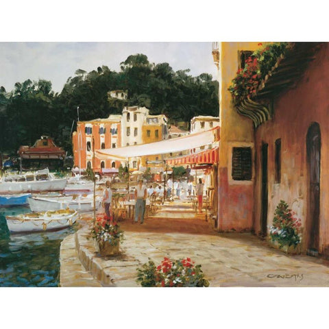 Morning Stroll - Portofino Gold Ornate Wood Framed Art Print with Double Matting by Bates, George