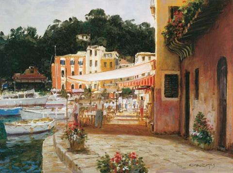 Morning Stroll - Portofino White Modern Wood Framed Art Print with Double Matting by Bates, George