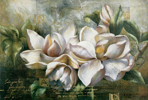 Dawning Magnolias White Modern Wood Framed Art Print with Double Matting by Meng