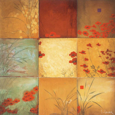 Poppy Nine Patch Black Ornate Wood Framed Art Print with Double Matting by Li-Leger, Don