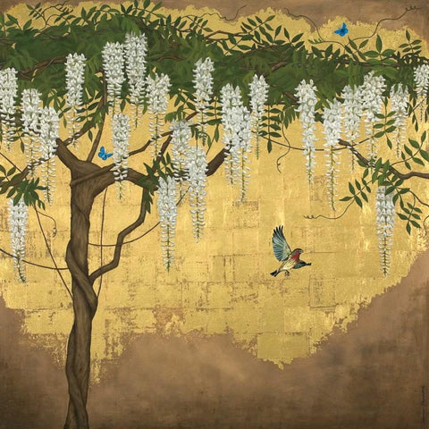 Wisteria with House Finch White Modern Wood Framed Art Print by Charlotte, Joanna