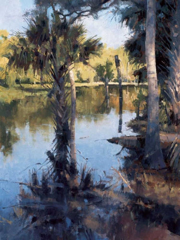 Palms on Water I Black Ornate Wood Framed Art Print with Double Matting by Moore, Larry