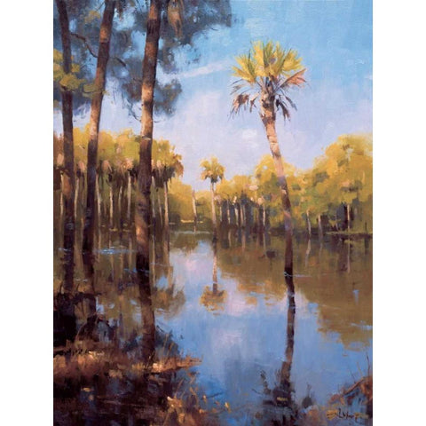 Palms on Water II Gold Ornate Wood Framed Art Print with Double Matting by Moore, Larry