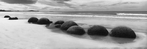 Moeraki Boulders Panorama Black Ornate Wood Framed Art Print with Double Matting by Nagler, Monte