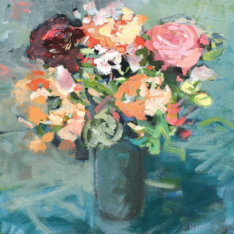 Teal Bouquet Black Ornate Wood Framed Art Print with Double Matting by Harwood, Jennifer