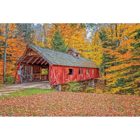 Loon Song Covered Bridge Black Modern Wood Framed Art Print with Double Matting by Howarth, Gail