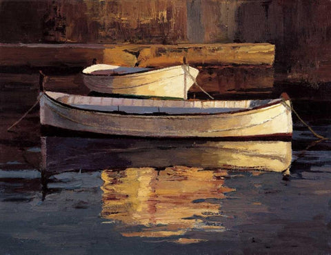 Barcas al Atardecer White Modern Wood Framed Art Print with Double Matting by Romeu, Poch