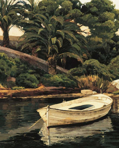 Barca y Palmeras White Modern Wood Framed Art Print with Double Matting by Romeu, Poch