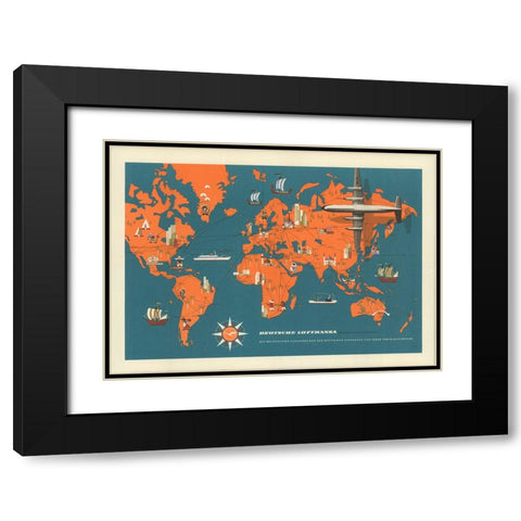 Deutsche Lufthansa Map Black Modern Wood Framed Art Print with Double Matting by CAG