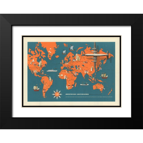 Deutsche Lufthansa Map Black Modern Wood Framed Art Print with Double Matting by CAG