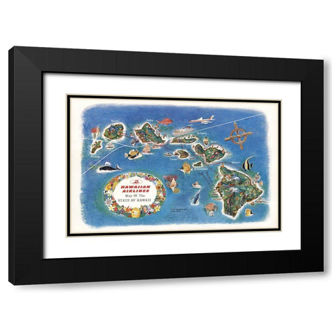 Hawaiian Airlines Map Black Modern Wood Framed Art Print with Double Matting by CAG