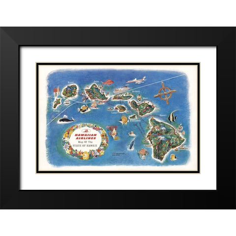 Hawaiian Airlines Map Black Modern Wood Framed Art Print with Double Matting by CAG