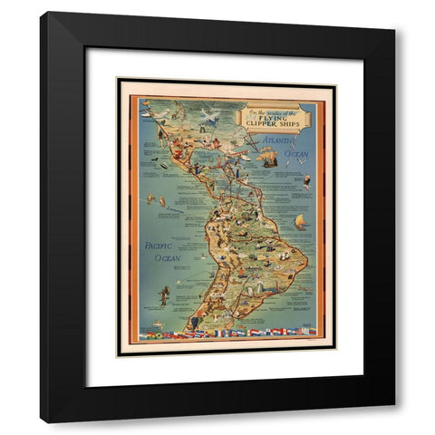 Flying Clipper Ship Map Black Modern Wood Framed Art Print with Double Matting by CAG