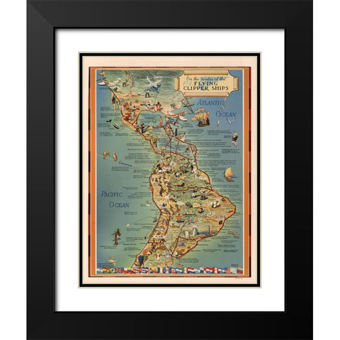 Flying Clipper Ship Map Black Modern Wood Framed Art Print with Double Matting by CAG