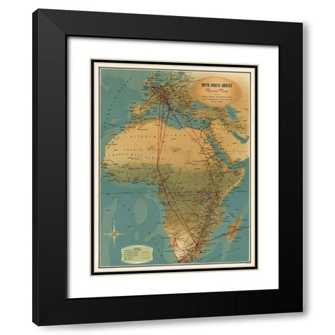 South African Airways Map Black Modern Wood Framed Art Print with Double Matting by CAG