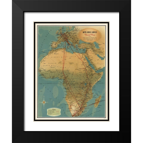South African Airways Map Black Modern Wood Framed Art Print with Double Matting by CAG