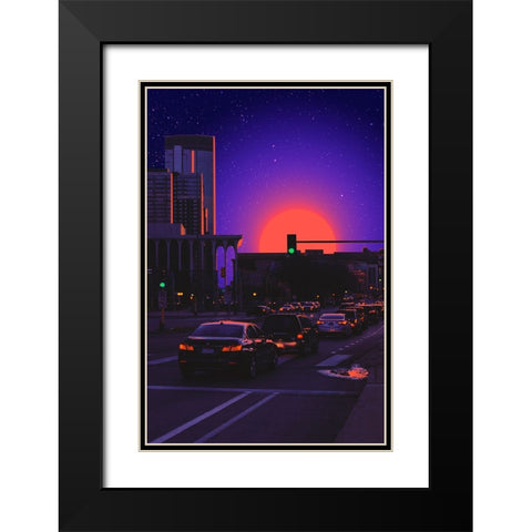 Outrun City Black Modern Wood Framed Art Print with Double Matting by Orozco, Danner