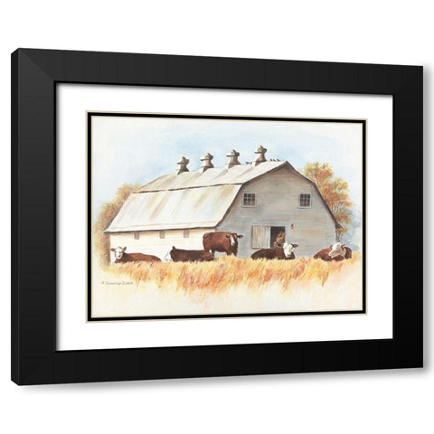 White Barn and Cattle Black Modern Wood Framed Art Print with Double Matting by Babbitt, Gwendolyn