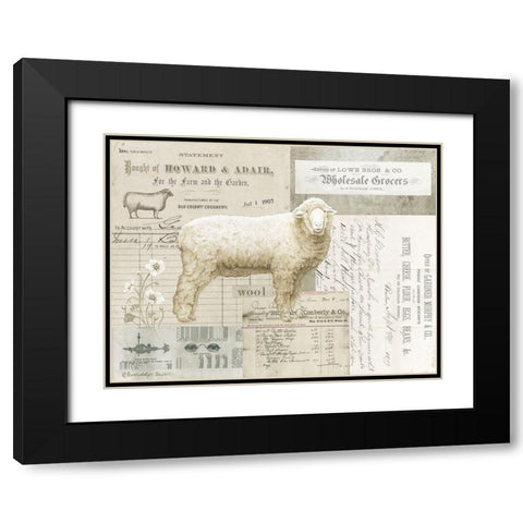 Sheep On Ephemera I Black Modern Wood Framed Art Print with Double Matting by Babbitt, Gwendolyn