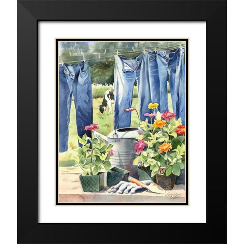 Blue jeans, Zinnias and Cow Black Modern Wood Framed Art Print with Double Matting by Babbitt, Gwendolyn