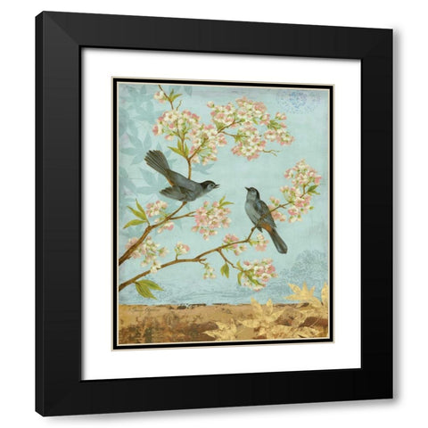 Catbirds and Blooms Black Modern Wood Framed Art Print with Double Matting by Gladding, Pamela
