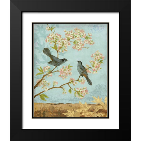 Catbirds and Blooms Black Modern Wood Framed Art Print with Double Matting by Gladding, Pamela