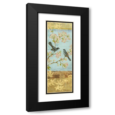 Catbirds and Blooms Panel Black Modern Wood Framed Art Print with Double Matting by Gladding, Pamela