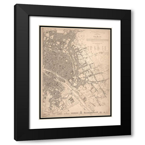1833 Paris Map Black Modern Wood Framed Art Print with Double Matting by Harbick, N.