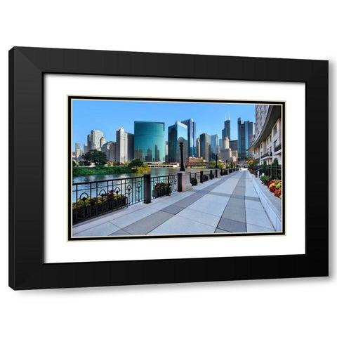 Sidewalk Skyline River Black Modern Wood Framed Art Print with Double Matting by Malvin, Larry