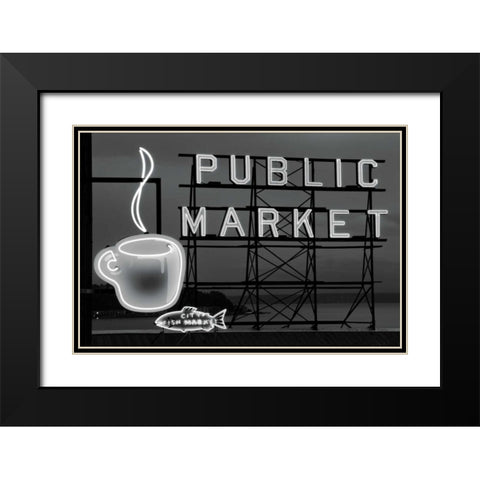 BW Public Market Sign I Black Modern Wood Framed Art Print with Double Matting by Stefko, Bob