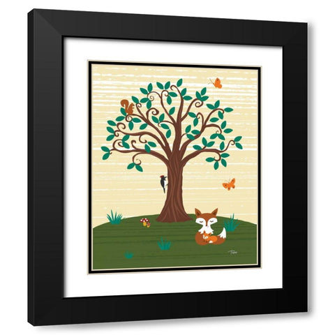 Grand Tree and Foxes Black Modern Wood Framed Art Print with Double Matting by Woo, Teresa