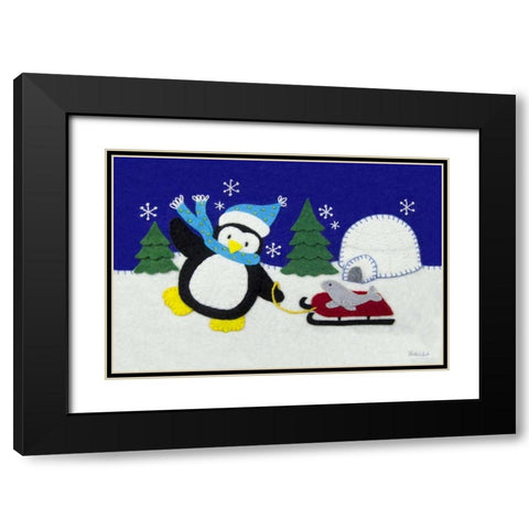 Holiday Penguin Black Modern Wood Framed Art Print with Double Matting by White, Betz
