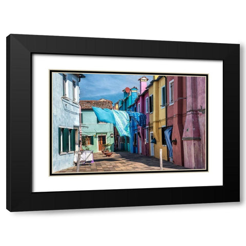 Burano Wash Day Black Modern Wood Framed Art Print with Double Matting by Head, Danny