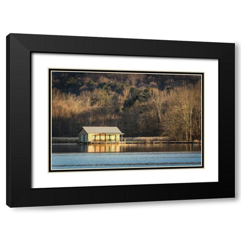 Boathouse Reflections Black Modern Wood Framed Art Print with Double Matting by Head, Danny