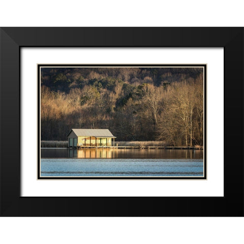 Boathouse Reflections Black Modern Wood Framed Art Print with Double Matting by Head, Danny