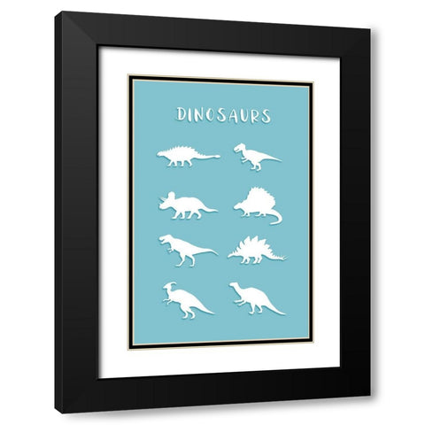 Dinosaurs Cyan Black Modern Wood Framed Art Print with Double Matting by Aesthete