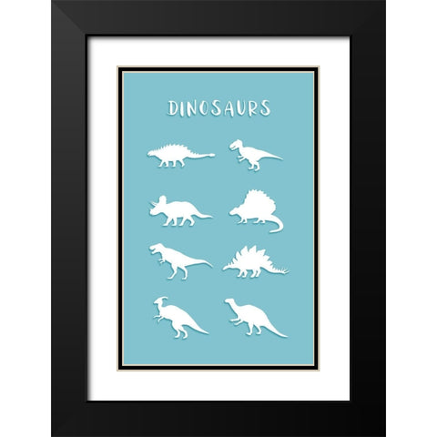Dinosaurs Cyan Black Modern Wood Framed Art Print with Double Matting by Aesthete