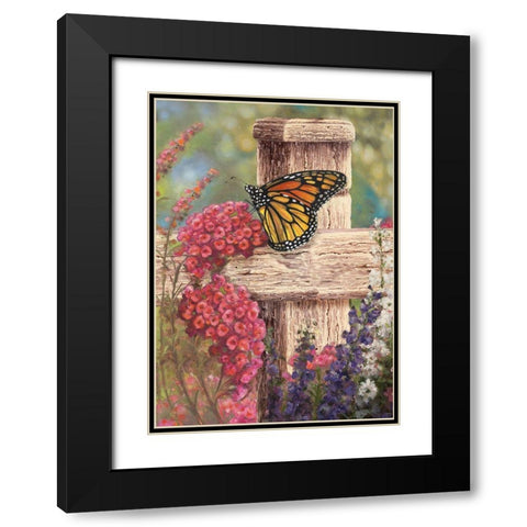 Butterfly and Fence Cross Black Modern Wood Framed Art Print with Double Matting by Art Licensing Studio