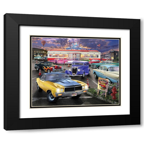 Diner Car Show Black Modern Wood Framed Art Print with Double Matting by Bigelow Illustrations- Exclusive