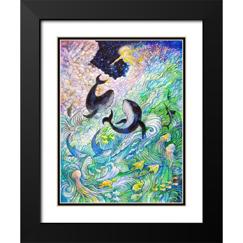 Creation Whales and Fishes Black Modern Wood Framed Art Print with Double Matting by Bell, Bill