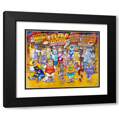 Feline Fitness Black Modern Wood Framed Art Print with Double Matting by Bell, Bill