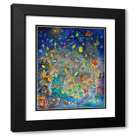 Raining Frogs And Fishes Black Modern Wood Framed Art Print with Double Matting by Bell, Bill