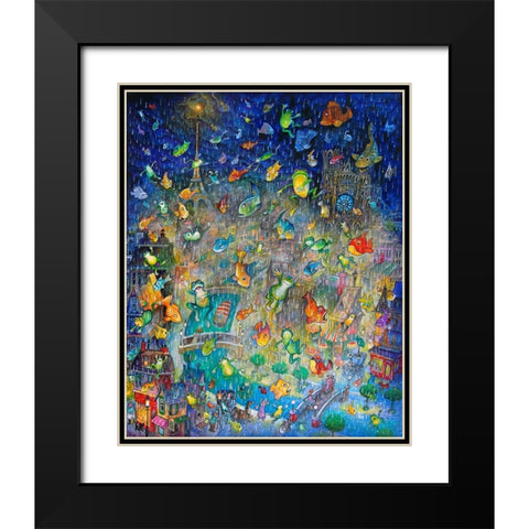 Raining Frogs And Fishes Black Modern Wood Framed Art Print with Double Matting by Bell, Bill