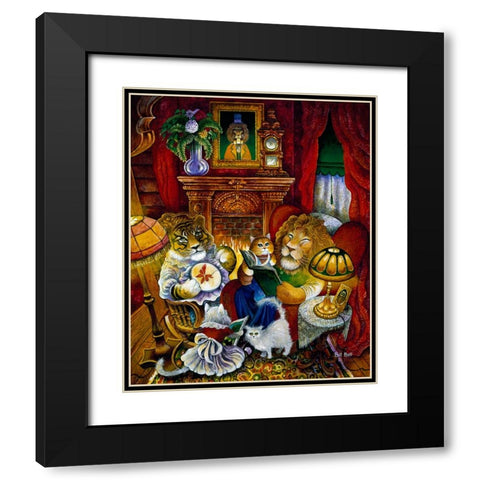 Lion Reading A Book Black Modern Wood Framed Art Print with Double Matting by Bell, Bill