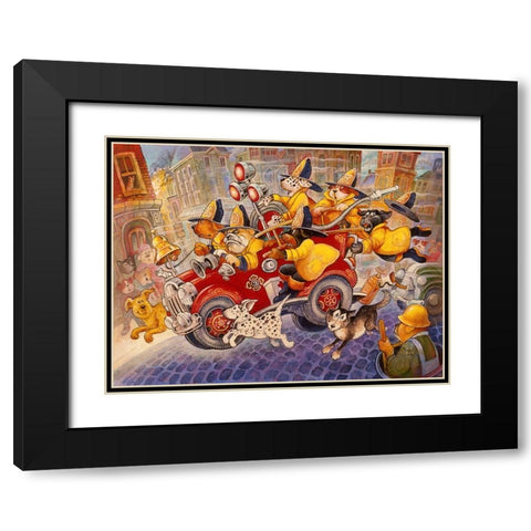 Hot Dog Firefighters Black Modern Wood Framed Art Print with Double Matting by Bell, Bill