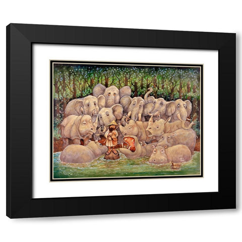 Noah - Elephants-Rhinos-Hippos Black Modern Wood Framed Art Print with Double Matting by Bell, Bill
