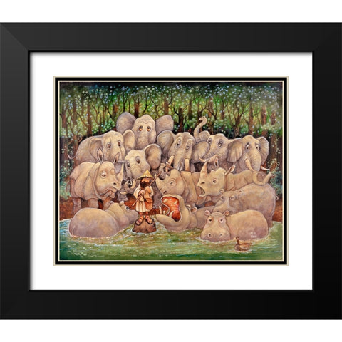 Noah - Elephants-Rhinos-Hippos Black Modern Wood Framed Art Print with Double Matting by Bell, Bill