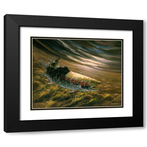 The Chase - Rainbow Trout Black Modern Wood Framed Art Print with Double Matting by Langton, Bruce