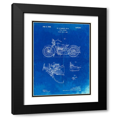 PP10-Faded Blueprint Harley Davidson Model JD Patent Poster Black Modern Wood Framed Art Print with Double Matting by Borders, Cole